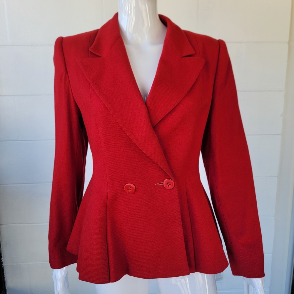 Vintage 80s Red Double-Breasted Blazer Flared Hem Women 8/S